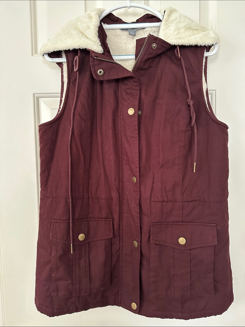 Market & Spruce Cotton and Faux Sherpa-Lined Hooded Vest - Burgundy Size L